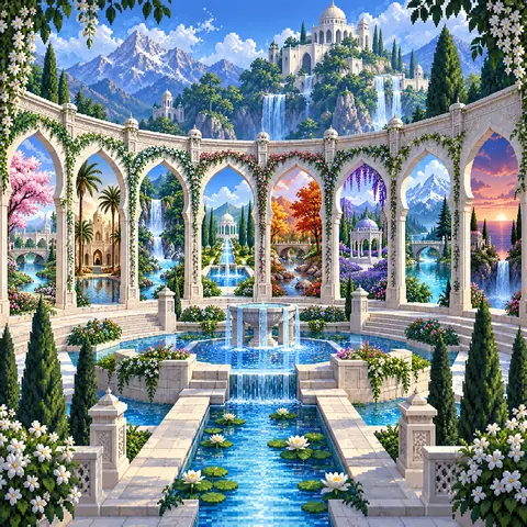 Eight Open Gates imaginative pixel landscape