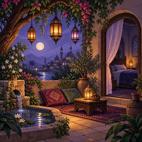 Three Sūrahs before Sleep imaginative pixel landscape
